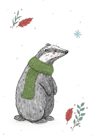 A Cute Badger Wearing a Snuggly Scarf created by Ellie Bednall