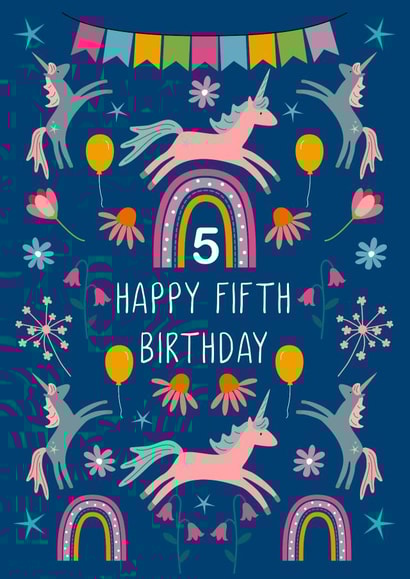 Colourful Unicorn 5th Birthday Card +Rainbows for Girls/Boys/Kids Fifth Birthday created by Lula Bird Designs