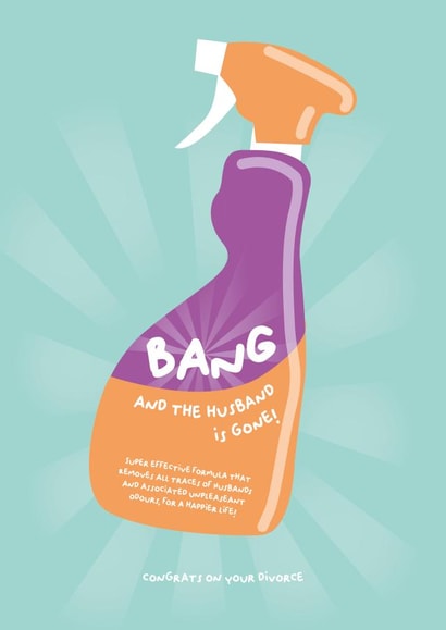 Funny divorce card to send a friend, bang and the husband is gone! created by PaperJam Print Co.