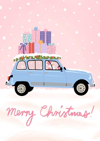Pink Merry Christmas card with blue retro car Renault 4 created by Monsieur Dorian