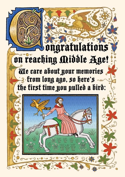 Cheeky birthday card for man aged 50 or 60 - medieval falconer - pulling a bird created by Cathy Simpson