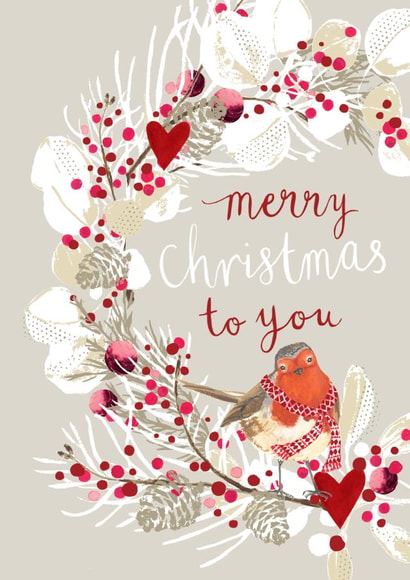 Cute Robin Christmas Card - Robin and wreath - Merry Christmas To You ...