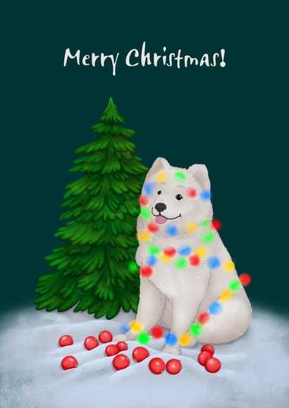 Cute Christmas card with a fluffy white Samoyed dog decorating the tree created by illograph