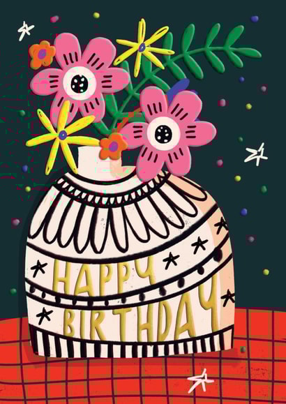 PRETTY BIRTHDAY CARD FOR HER. PRETTY FLOWERS AND VASE. created by NICHOLA COWDERY ILLUSTRATIONS 