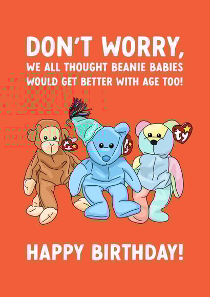 Funny Beanie Babies Birthday Card for adults created by Evie Garnett Designs
