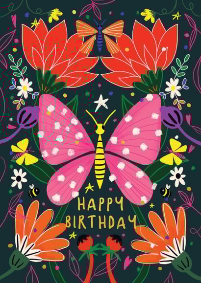 Pretty Birthday Card - Butterflies - Flowers created by NICHOLA COWDERY ILLUSTRATIONS 