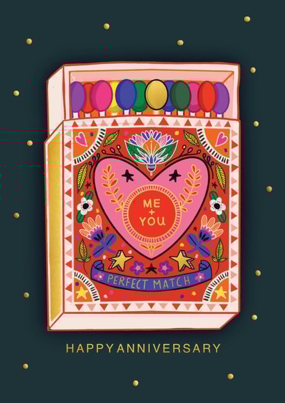 CUTE MATCH BOX ANNIVERSARY CARD. PERFECT FOR HER OR HIM. created by NICHOLA COWDERY ILLUSTRATIONS 