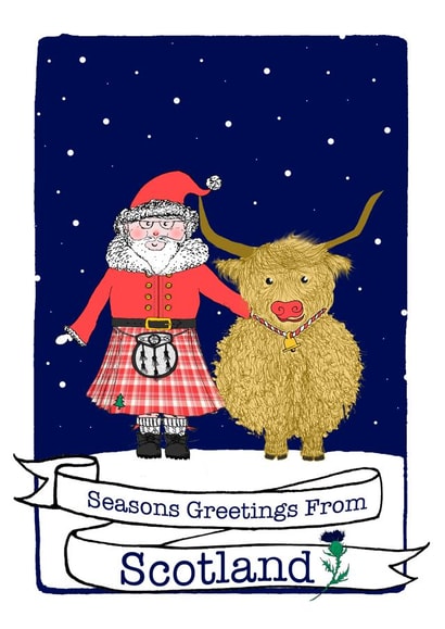 Cute Scottish Christmas Card for Friends and Family - Santa and Highland Cow. created by The Ricketty Desk