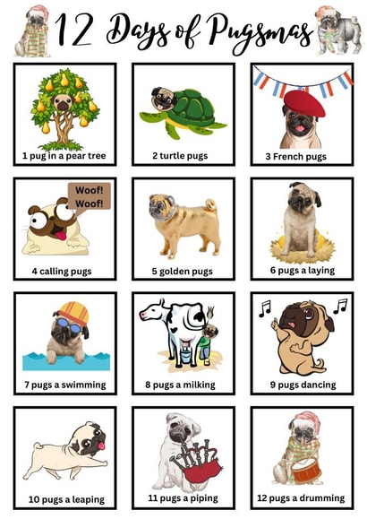 12 Days of Pugsmas, Pug Christmas Card created by Cheeky Tito