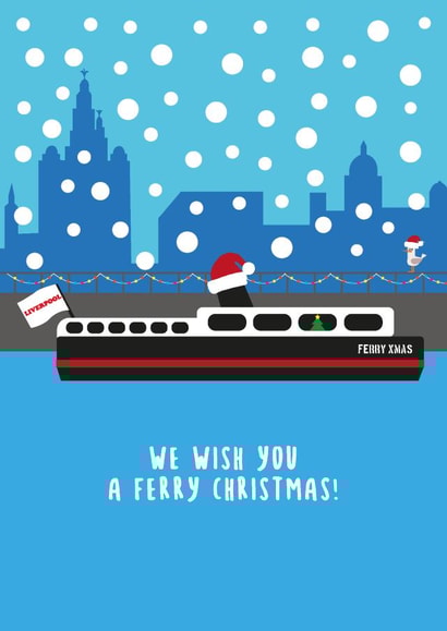 Quirky Liverpool 'We wish you a ferry Christmas' card created by Sean Cullen