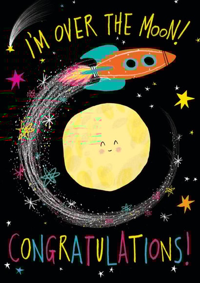 Cute Congratulations card - Space rocket and moon - Over the Moon! created by Paula Bowles