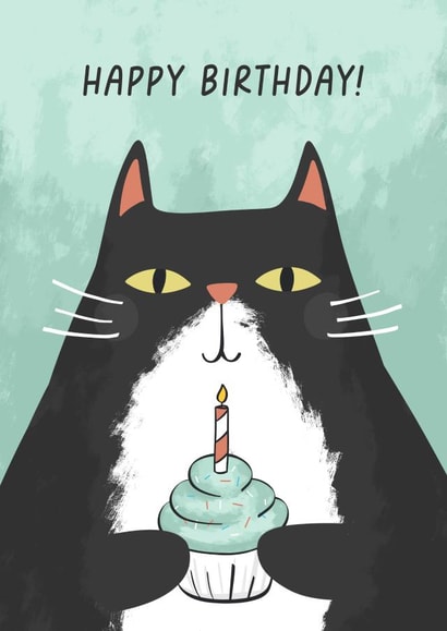 Cute black and white cat with cake Birthday card! created by Evie Garnett Designs