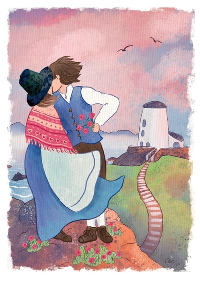 Santes Dwynwen Valentines Anniversary card Welsh Cymraeg couple at Llanddwyn created by Ceri Thomas