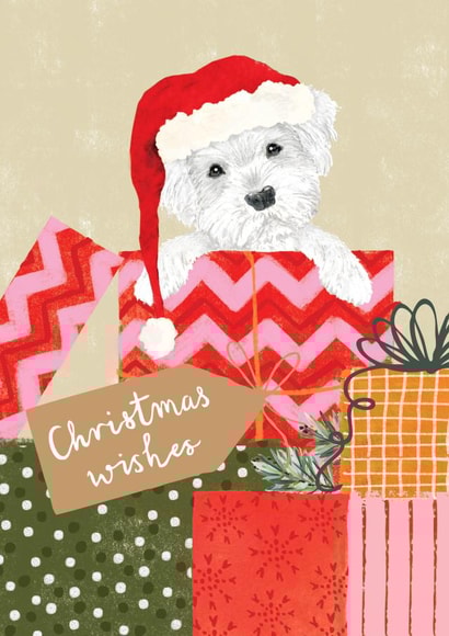 Cute Christmas card - Dog with Christmas Presents - Christmas Wishes created by Louise Tiler