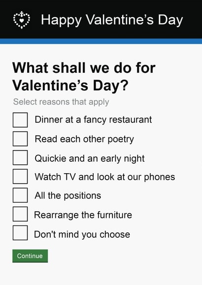 Funny | What Shall We Do For Valentine's Day? | Government Form Card created by Pottsy Prints
