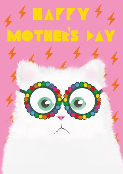 Pretty kitty Mothers Day card featuring fluffy white cat wearing kitsch glasses created by @ChildstarSamantha