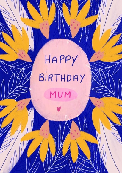 Modern Floral Birthday Card for Mum - Happy Birthday Mum - Blue - Pink - Daisy created by Yolidoo