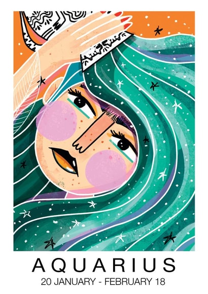 AQUARIUS BIRTHDAY CARD. ZODIAC BIRTHDAY CARD. PERFECT FOR HER created by NICHOLA COWDERY ILLUSTRATIONS