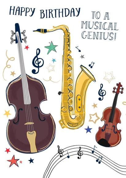 Cute Birthday Card - Musical Genius - Instruments created by Katie Phythian Design