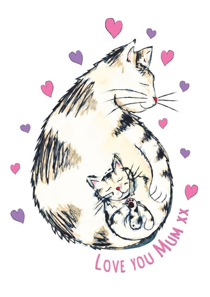 Cute Mother's Day/birthday card for mum featuring cat and kitten illustration. created by Kat Pearson