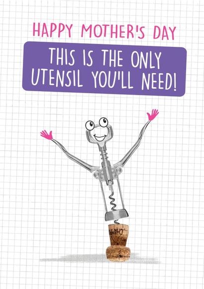 Mother's day funny cute corkscrew illustration card - punny utensil drink design created by Quitting Hollywood