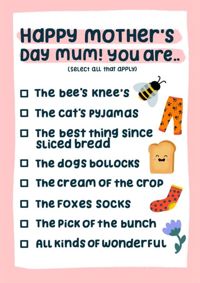 Funny mothers day card - Tick all the apply created by katie illustrated