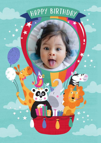Cute Birthday Photo Card - Hot Air Balloon - Safari Animals | thortful