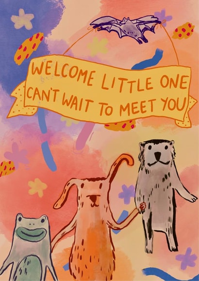 Cute New Baby Card - Colourful Happy Animals - Welcome Little One created by drawnonna