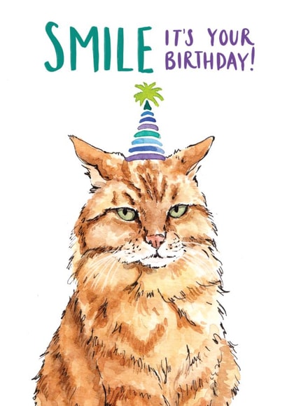 Funny grumpy ginger cat birthday card for cat lovers - Smile it's your birthday created by Bramble Designs