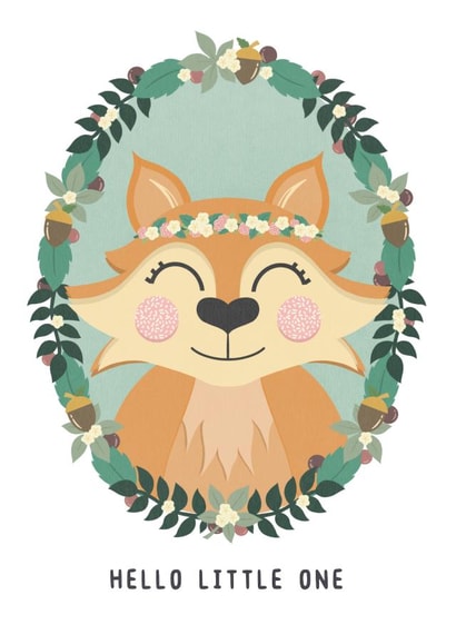 New baby celebration card featuring adorable woodland fox - Hello little one. created by Miss Mulberry Pie Illustration