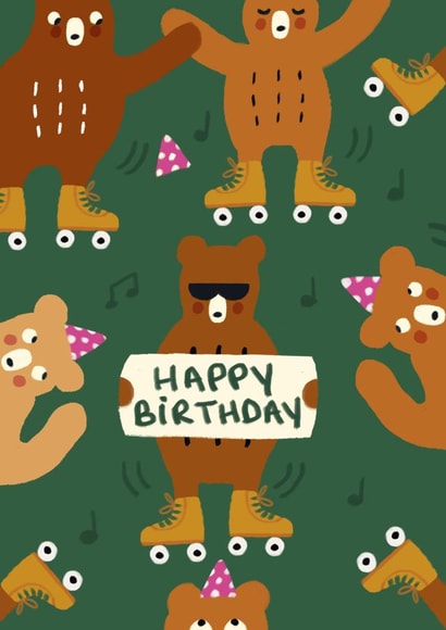 Cute Birthday Card - Cute Bears with roller skates - Nostalgia - 90s created by Yolidoo