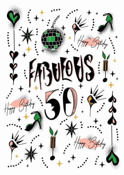 Fabulous 50! Fantastically riotous birthday card for the big 50!. Kisses created by Kiki Gunn. Greeting cards & art prints.