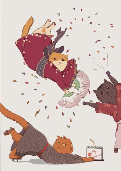 Kimono cats clumsy surprise birthday card created by Viktorija Labanauskaite