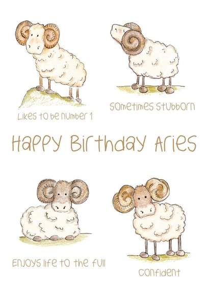 Funny Horoscope Birthday Card for Aries - Cute Rams - Zodiac personality traits created by Doodle Keg