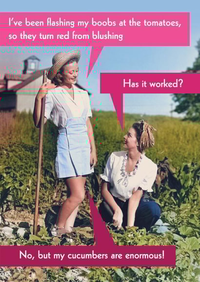 Funny blushing tomatoes & enormous growing cucumbers - cheeky Veg shortage Retro created by Quitting Hollywood