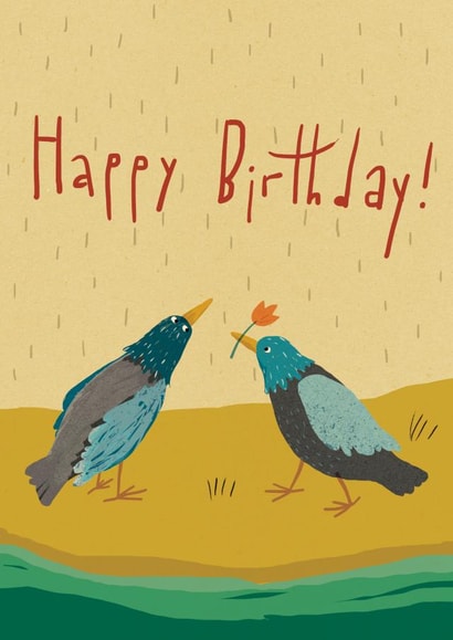 Happy Birthday greeting card with two cute birds and a flower. created by Katherine Polyakova