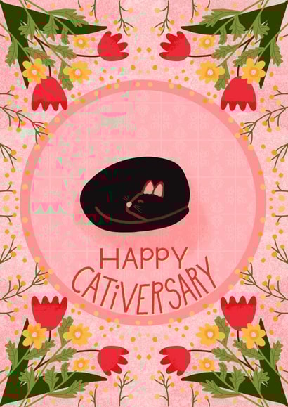 Cute Anniversary Card for the Cat Lover - Spring Flower Cat -  Happy Cativersary created by Ingrid Poole