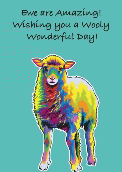 Cute vibrant sheep birthday card created by Woolly Mammoth Media