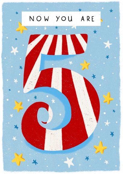 Cute 5th birthday card for children - big 5 with stars - now you are 5 created by Rebecca Bagley