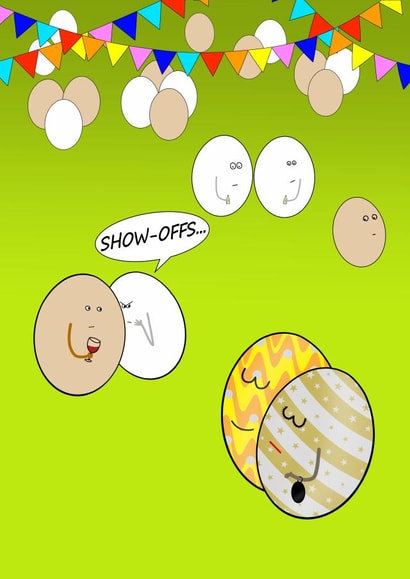 Easter Party Fashionistas, funny eggs in designer dress spring holiday card created by shackledlettuce designs