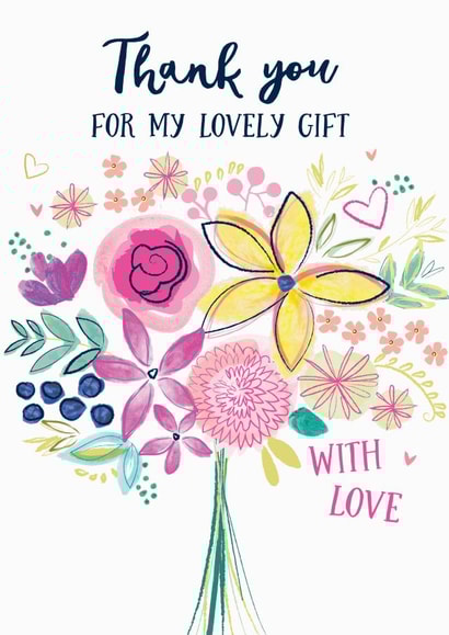 Colourful thank you card to say a huge thanks for a gift. Pretty flower bouquet. created by Katie Phythian Design
