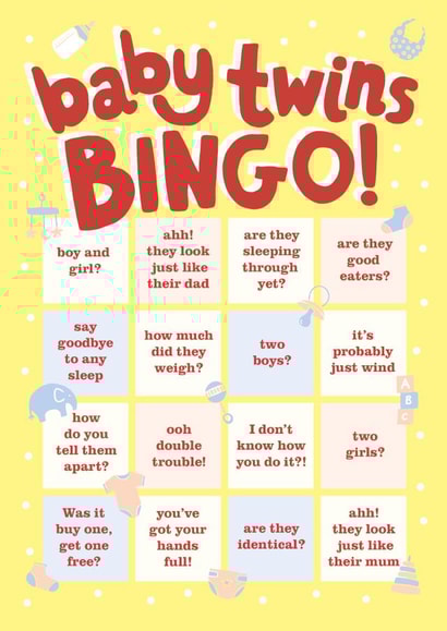 Cute new baby twins bingo card for new parents created by Holly Newth