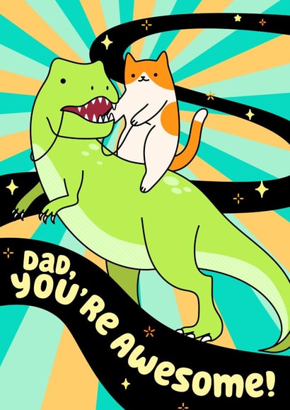 Cat Riding T-Rex Dinosaur Father's Day Card "Dad, You're Awesome" created by Tiny Bee Cards
