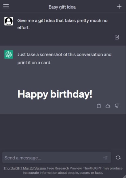 Funny birthday card for easy gift - Message history with ChatGPT created by Laughable Letters