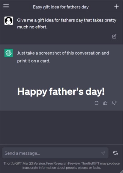 Funny Fathers day card no effort - Message history with ChatGPT created by Laughable Letters