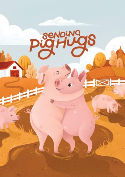 Sending Pig Hugs - Cute Illustrated "Thinking of You" Card | Animal Pun Card created by Nyassa Hinde