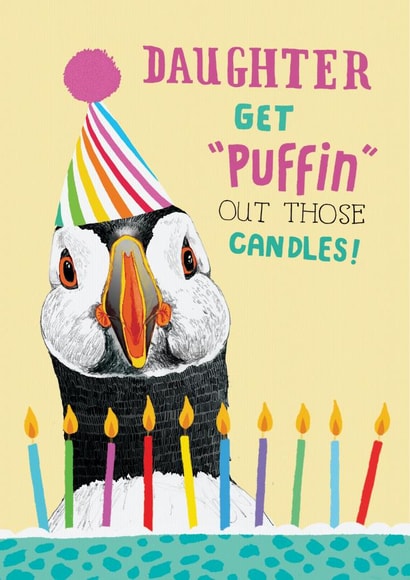 Daughter - puffin out the candles - bird cake design created by Pencilface