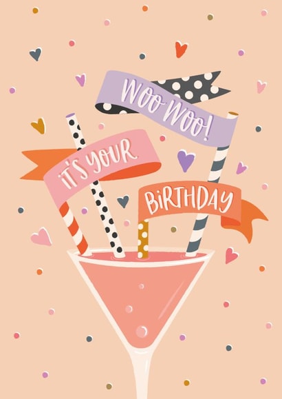 Cute and colourful Birthday card for your friend - Woo Woo cocktail card. created by The Pattern Press