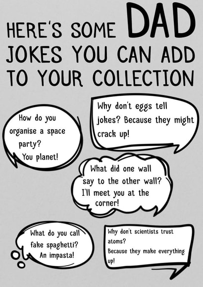 Funny card to give to Dad for birthday, fathers day or thank you. some dad jokes created by Laughable Letters
