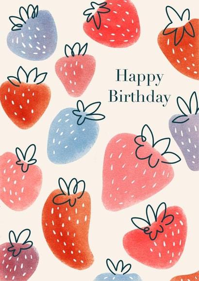 Greeting card with strawberries. Happy birthday card. created by Anastasia Ultramarin